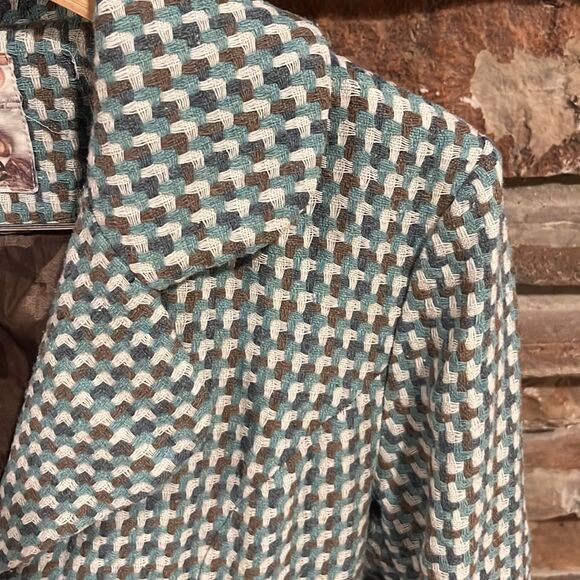 Vintage Y2K Kenzie Woven Brown and Turquoise Wool Blend Trench Coat - Picture 3 of 10